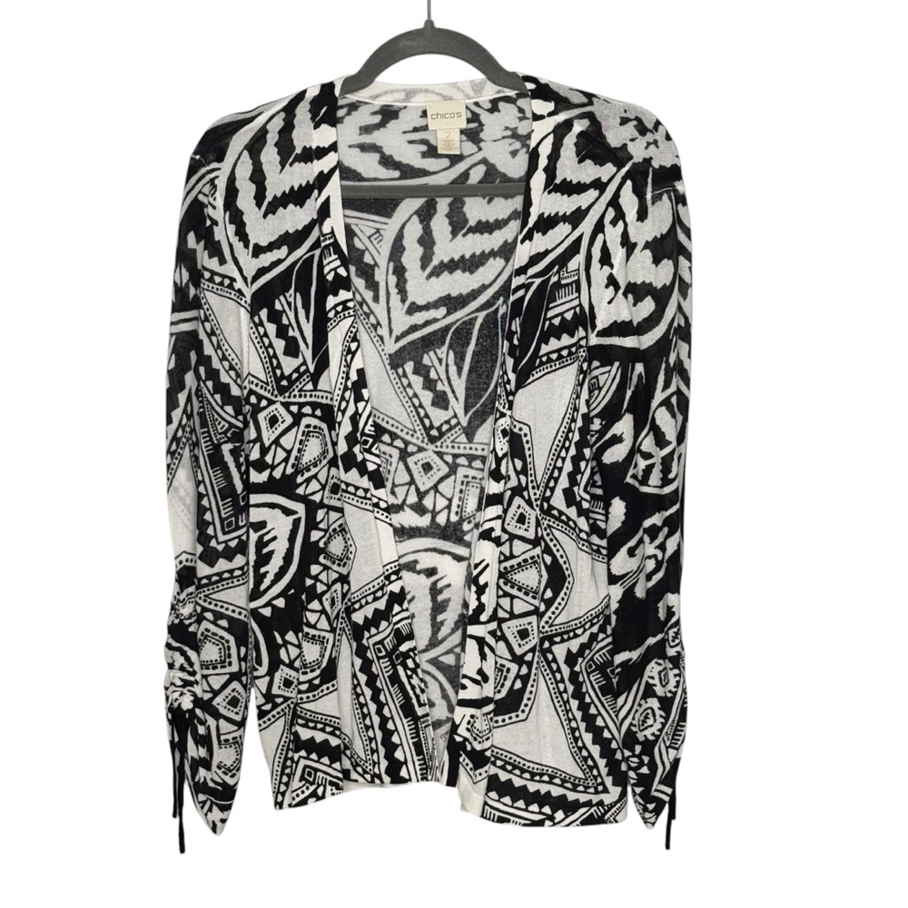Chico’s 2 (Reg 12) White/Black Printed Cotton/Nylon Ruched Sleeve Open Cardigan